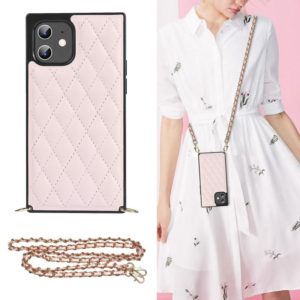 For iPhone 12 mini Elegant Rhombic Pattern Microfiber Leather +TPU Shockproof Case with Crossbody Strap Chain (Pink) (OEM)