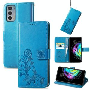 For Motorola Edge 20 Four-leaf Clasp Embossed Buckle Mobile Phone Protection Leather Case with Lanyard & Card Slot & Wallet & Bracket Function(Blue) (OEM)