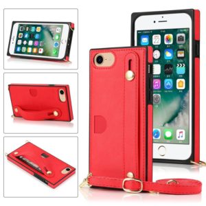 For iPhone 7 / 8 / SE 2020 Wrist Strap PU+TPU Shockproof Protective Case with Crossbody Lanyard & Holder & Card Slot(Red) (OEM)