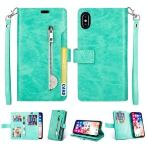 For iPhone XR Multifunctional Zipper Horizontal Flip Leather Case with Holder & Wallet & 9 Card Slots & Lanyard(Mint Green) (OEM)