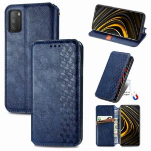 For Xiaomi POCO M3 Cubic Grid Pressed Horizontal Flip Magnetic PU Leather Case with Holder & Card Slots & Wallet(Blue) (OEM)