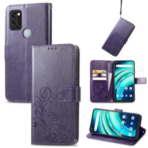For UMIDIGI A9 Pro Four-leaf Clasp Embossed Buckle Mobile Phone Protection Leather Case with Lanyard & Card Slot & Wallet & Bracket Function(Purple) (OEM)