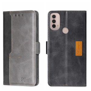 For Motorola Moto E40 Contrast Color Side Buckle Leather Phone Case(Black + Grey) (OEM)