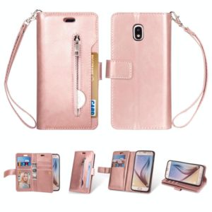 For Samsung Galaxy J3 (2018) / Galaxy J7 (2018) Multifunctional Zipper Horizontal Flip Leather Case with Holder & Wallet & 9 Card Slots & Lanyard(Rose Gold) (OEM)