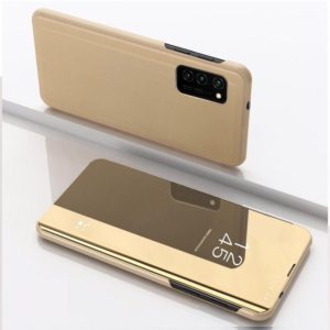 For Samsung Galaxy A12 Plated Mirror Horizontal Flip Leather Case with Holder(Gold) (OEM)