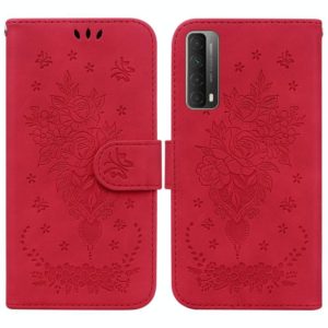 For Huawei P Smart 2021 / Y7a Butterfly Rose Embossed Leather Phone Case(Red) (OEM)