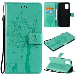 For Samsung Galaxy A02s Tree & Cat Pattern Pressed Printing Horizontal Flip PU Leather Case with Holder & Card Slots & Wallet & Lanyard(Green) (OEM)