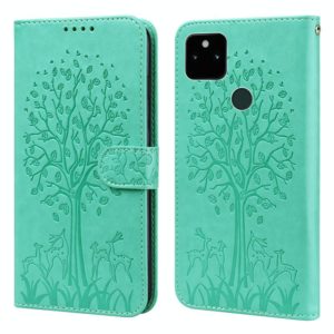For Google Pixel 5a 5G Tree & Deer Pattern Pressed Printing Horizontal Flip Leather Phone Case(Green) (OEM)