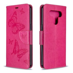 For LG K51 Two Butterflies Embossing Pattern Horizontal Flip Leather Case with Holder & Card Slot & Wallet & Lanyard(Rose Red) (OEM)