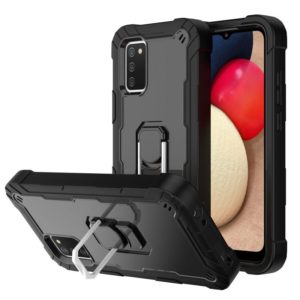 For Samsung Galaxy A02s PC + Rubber 3-layers Shockproof Protective Case with Rotating Holder(Black) (OEM)