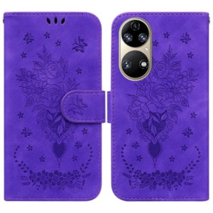 For Huawei P50 Butterfly Rose Embossed Leather Phone Case(Purple) (OEM)