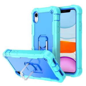 For iPhone XR PC + Rubber 3-layers Shockproof Protective Case with Rotating Holder(Mint Green + Blue) (OEM)