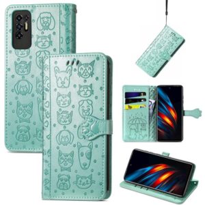 For Tecno Pova 2 Lovely Cat and Dog Embossing Pattern Horizontal Flip Leather Phone Case with Holder & Card Slots & Wallet & Cartoon Clasp & Lanyard(Green) (OEM)