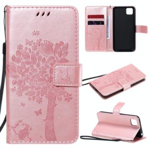 For Huawei Y5p Tree & Cat Embossed Pattern Horizontal Flip Leather Case with Holder & Card Slots & Wallet & Lanyard(Rose Gold) (OEM)