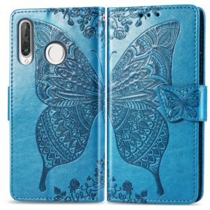 Butterfly Love Flowers Embossing Horizontal Flip Leather Case for Huawei P30 Lite / Nova 4e, with Holder & Card Slots & Wallet & Lanyard (Blue) (OEM)
