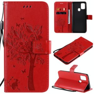 For Samsung Galaxy A21s Tree & Cat Embossed Pattern Horizontal Flip Leather Case with Holder & Card Slots & Wallet & Lanyard(Red) (OEM)