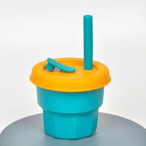 Children Silicone Straw Cups Drop And High Temperature Resistant Water Cups Olive Green Cup + Turmeric Cover(300ml) (OEM)