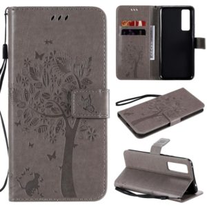 For Huawei Nova 7 Tree & Cat Embossed Pattern Horizontal Flip Leather Case with Holder & Card Slots & Wallet & Lanyard(Grey) (OEM)