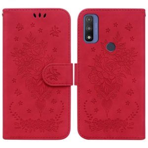 For Motorola Moto G9 Play / E7 Plus Butterfly Rose Embossed Leather Phone Case(Red) (OEM)