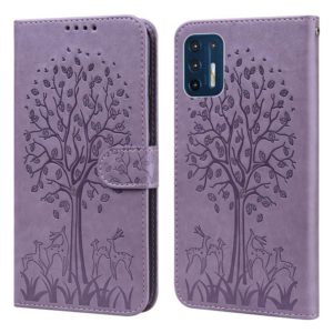 For Motorola Moto G9 Plus Tree & Deer Pattern Pressed Printing Horizontal Flip Leather Phone Case(Purple) (OEM)
