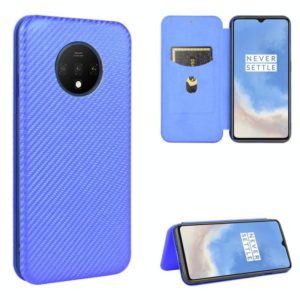 For OnePlus 7T Carbon Fiber Texture Horizontal Flip TPU + PC + PU Leather Case with Card Slot(Blue) (OEM)