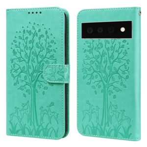 For Google Pixel 6 Pro Tree & Deer Pattern Pressed Printing Horizontal Flip Leather Phone Case(Green) (OEM)