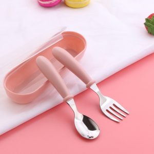 3 PCS/ Set 304 Stainless Steel Spoon and Fork Box Cute Baby Kindergarten Tableware Set(Pink) (OEM)