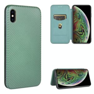 For iPhone XS Max Carbon Fiber Texture Horizontal Flip TPU + PC + PU Leather Case with Card Slot(Green) (OEM)