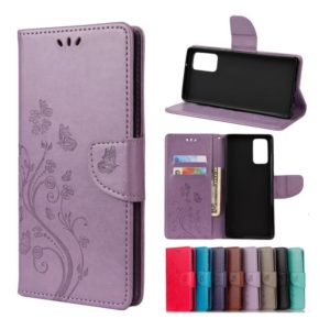 For Samsung Galaxy Note20 Butterfly Flower Embossing Horizontal Flip Leather Case with Holder & Card Slots & Wallet(Light Purple) (OEM)