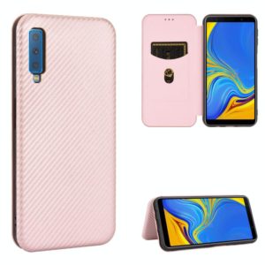 For Samsung Galaxy A7(2018) / A750 Carbon Fiber Texture Horizontal Flip TPU + PC + PU Leather Case with Rope & Card Slot(Pink) (OEM)
