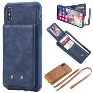 For iPhone X / XS Vertical Flip Shockproof Leather Protective Case with Long Rope, Support Card Slots & Bracket & Photo Holder & Wallet Function(Blue) (OEM)