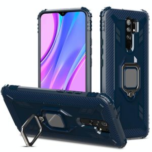 For Xiaomi Redmi 9 Carbon Fiber Protective Case with 360 Degree Rotating Ring Holder(Blue) (OEM)