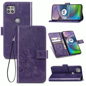 Four-leaf Clasp Embossed Buckle Mobile Phone Protection Leather Case with Lanyard & Card Slot & Wallet & Bracket Function For Motorola Moto G 5G(Purple) (OEM)