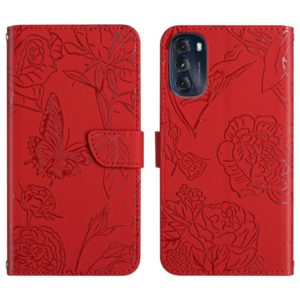 For Motorola Moto G 5G 2022 Skin Feel Butterfly Peony Embossed Leather Phone Case(Red) (OEM)