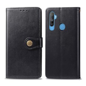 For OPPO Realme C3 Retro Solid Color Leather Buckle Phone Case with Lanyard & Photo Frame & Card Slot & Wallet & Stand Function(Black) (OEM)