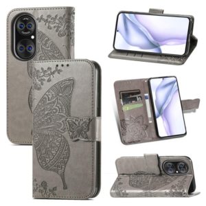 For Huawei P50 Butterfly Love Flowers Embossed Horizontal Flip Leather Case with Holder & Card Slots & Wallet & Lanyard(Gray) (OEM)