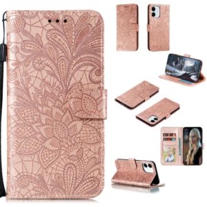 For iPhone 12 / 12 Pro Lace Flower Horizontal Flip Leather Case with Holder & Card Slots & Wallet & Photo Frame(Rose Gold) (OEM)