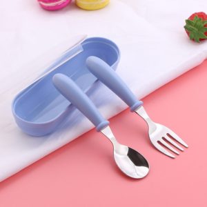 3 PCS/ Set 304 Stainless Steel Spoon and Fork Box Cute Baby Kindergarten Tableware Set(Blue) (OEM)