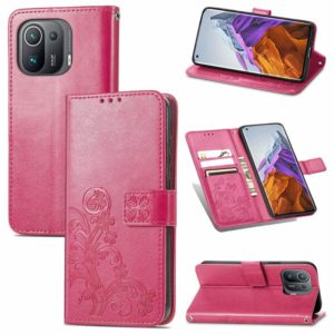 For Xiaomi Mi 11 Pro Four-leaf Clasp Embossed Buckle Mobile Phone Protection Leather Case with Lanyard & Card Slot & Wallet & Bracket Function(Rose Red) (OEM)