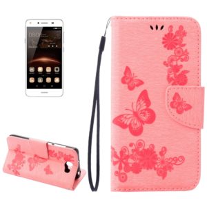 For Huawei Y5II Pressed Flowers Butterfly pattern Horizontal Flip Leather Case with Magnetic Buckle & Holder & Card Slots & Wallet(Pink) (OEM)