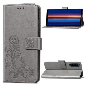 For Sony Xperia 5 Four-leaf Clasp Embossed Buckle Mobile Phone Protection Leather Case with Lanyard & Card Slot & Wallet & Bracket Function(Gray) (OEM)
