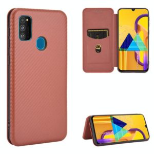 For Samsung Galaxy M30s / M21 Carbon Fiber Texture Horizontal Flip TPU + PC + PU Leather Case with Rope & Card Slot(Brown) (OEM)
