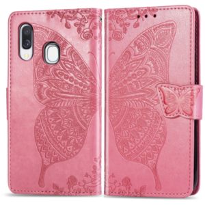 Butterfly Love Flowers Embossing Horizontal Flip Leather Case for Galaxy A40, with Holder & Card Slots & Wallet & Lanyard (Pink) (OEM)