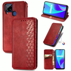 For OPPO Realme C15 Cubic Grid Pressed Horizontal Flip Magnetic PU Leather Case with Holder & Card Slots & Wallet(Red) (OEM)