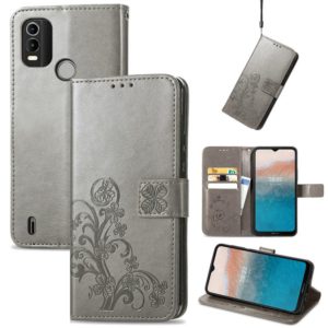 For Nokia C21 Plus Four-leaf Clasp Embossed Buckle Leather Phone Case(Gray) (OEM)