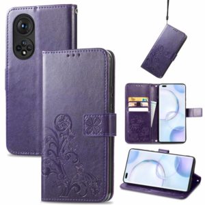 For Honor 50 Pro Four-leaf Clasp Embossed Buckle Mobile Phone Protection Leather Case with Lanyard & Card Slot & Wallet & Bracket Function(Purple) (OEM)