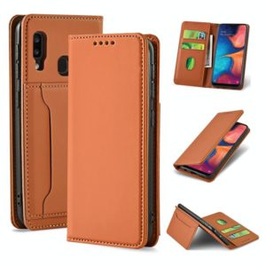 For Samsung Galaxy A20 Strong Magnetism Liquid Feel Horizontal Flip Leather Case with Holder & Card Slots & Wallet(Brown) (OEM)