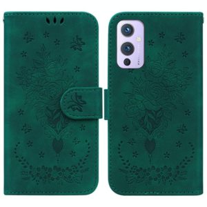 For OnePlus 9 US & EU Version Butterfly Rose Embossed Leather Phone Case(Green) (OEM)