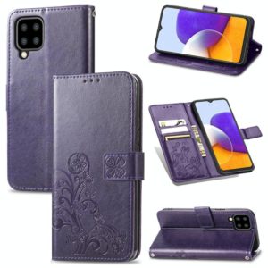 For Samsung Galaxy A22 4G Four-leaf Clasp Embossed Buckle Mobile Phone Protection Leather Case with Lanyard & Card Slot & Wallet & Bracket Function(Purple) (OEM)