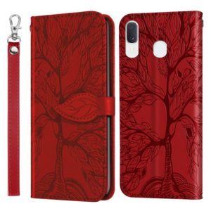For Samsung Galaxy A20 / A30 Life of Tree Embossing Pattern Horizontal Flip Leather Case with Holder & Card Slot & Wallet & Photo Frame & Lanyard(Red) (OEM)
